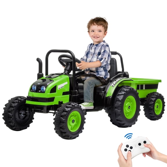 EastVita Kids Ride on Tractor with Trailer,12V Battery Powered Electric Ride on Car with Remote Control, Bluetooth, Music, USB, LED Lights, Audio, Safety Belt, 35W Dual Motors, Unload Button