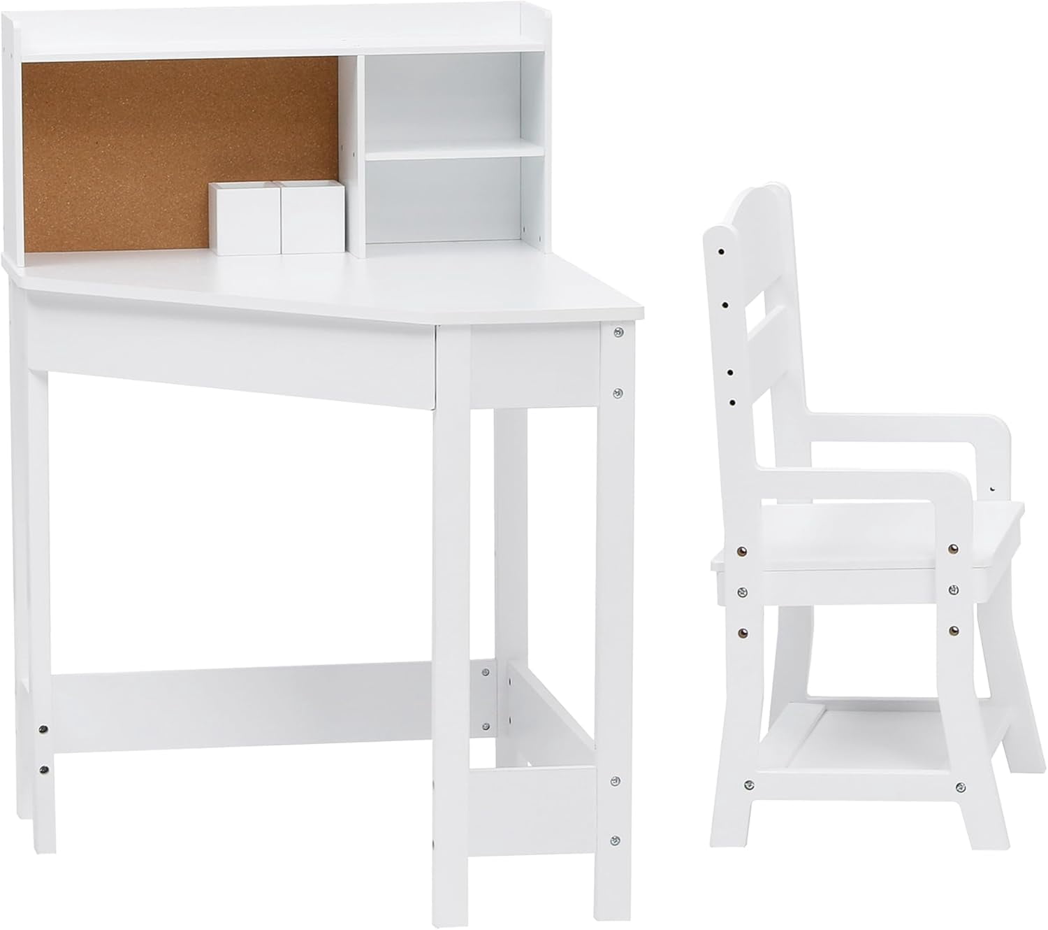 EastVita Kids Study Desk and Chair Set, White Corner Table with Adjustable Chair, Hutch, Cork Bulletic Board, Pen Holders