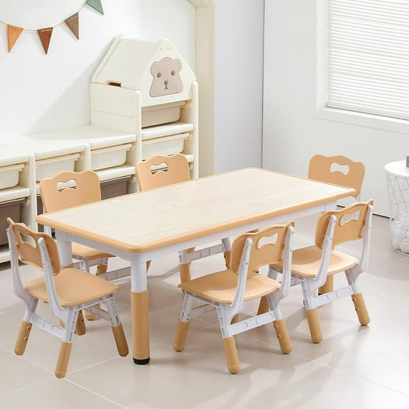 EastVita Kids Table and Chairs Set of 7, Height Adjustable Desk with 6 Seats,Arts & Crafts Table,Graffiti Desktop, Non-Slip Legs, Children Multi-Activity Table