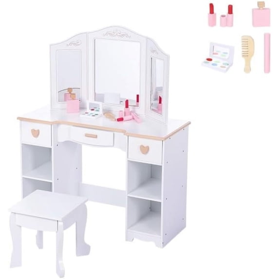 EastVita Kids Vanity Set with Mirror & Drawer,Deluxe Wood Makeup Play Table and Chair for Girls Aged 3-9,White