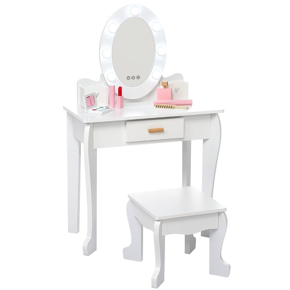 EastVita Kids Vanity Set with Mirror & Drawer,Wood Makeup Play Table and Chair for Girls Aged 3-9,White