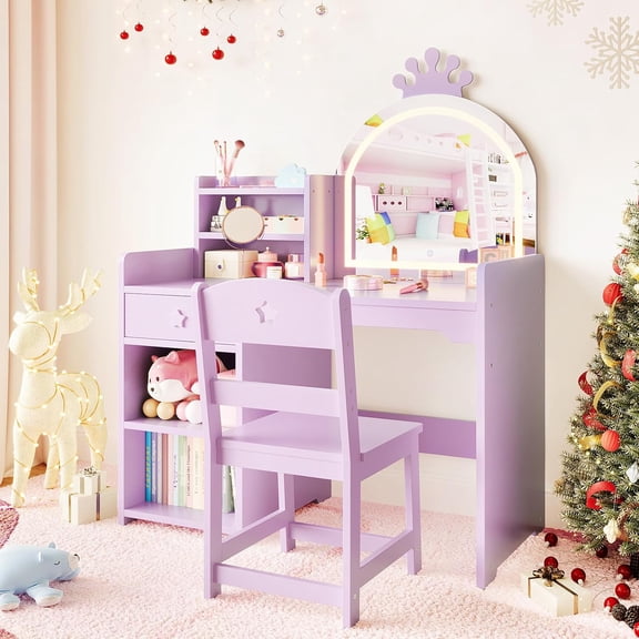 EastVita Kids Vanity Table Set with LED Lights and Stool, MDF Children’s Makeup Table STM-03, Purple