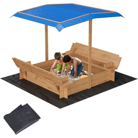 EastVita Kids Wood Sandbox with Cover,Spacious Outdoor Play Area,2 Bench Seats & Adjustable Canopy,Ages 3-8,Sand Box for Outdoor,Wood+Blue