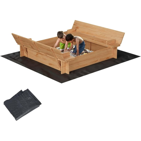 EastVita Kids Wood Sandbox with Cover,Spacious Play Area with 2 Bench Seats for Kids Sand Boxes in Garden,Beach Patio Outdoor