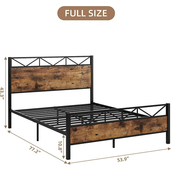 EastVita King Bed Frame with Rustic Wood Headboard, Metal Platform Bed Frame King Heavy Duty, Sturdy Steel Slat Support, No Box Spring Needed