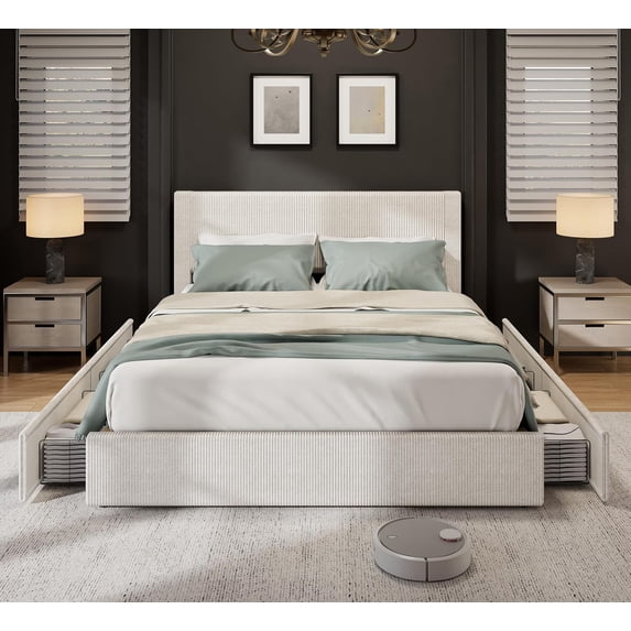 EastVita King Size Bed Frame with 4 Storage Drawers Platform Bed Frame King with Upholstered Channel Tufted Wingback Headboard Strong Wooden Slats Support No Box Spring Needed Beige