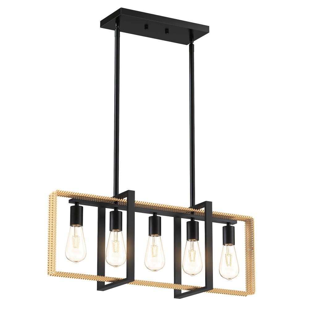 Black Metal and Rattan 5-Light Adjustable Kitchen Island Pendant Chandelier