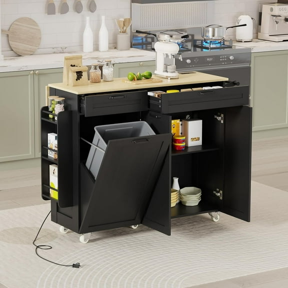 EastVita Kitchen Island with Trash Can Storage Cabinet, Rolling Kitchen Cart with Drop Leaf, Spice & Towel Rack, Drawer & Power Outlet for Kitchen