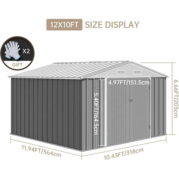 EastVita Large Outdoor Storage Shed, 10×12FT Metal Garden Shed with Vents, Lockable, Suitable for Yard and Farm to Store Tools, Furniture, Farm Implements, Machines, (Grey, Shipped in 3 Packages)