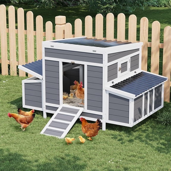 EastVita Large Wooden Chicken Coop for 4-6 Chickens – Outdoor Poultry and Rabbit Cage with 6 Nesting Boxes No-Slip Ramp Pull-Out Tray Openable Roof and Window