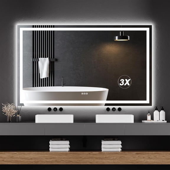 EastVita Led Bathroom Mirror with Front and Backlit Stepless Dimmabl Anti-Fog Shatter-Proof Memory Wall Mounted Lighted Vanity Mirror Horizontal Vertical
