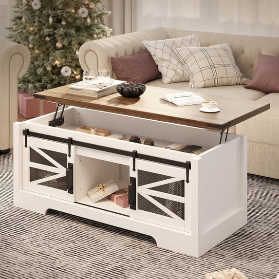EastVita Lift Top Coffee Table, 47.2" Coffee Table with Sliding Barn Door, Hidden Storage Compartment, Lifting Table Top and Shelf, Farmhouse Rustic Center Dining Table