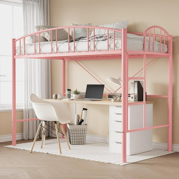 EastVita Loft Bed Twin Size with Ladder and Arched Guardrail, Heavy Duty Metal Frame Sturdy Steel Slats Support, Small Space Saving Design, Pink, No Box Spring Needed