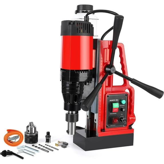 EastVita Magnetic Drill Press, 1550W 500RPM Portable Mag Drill Press, 10-Speed Core Drilling Machine for Metal Working,3Pcs Drill Bits Red