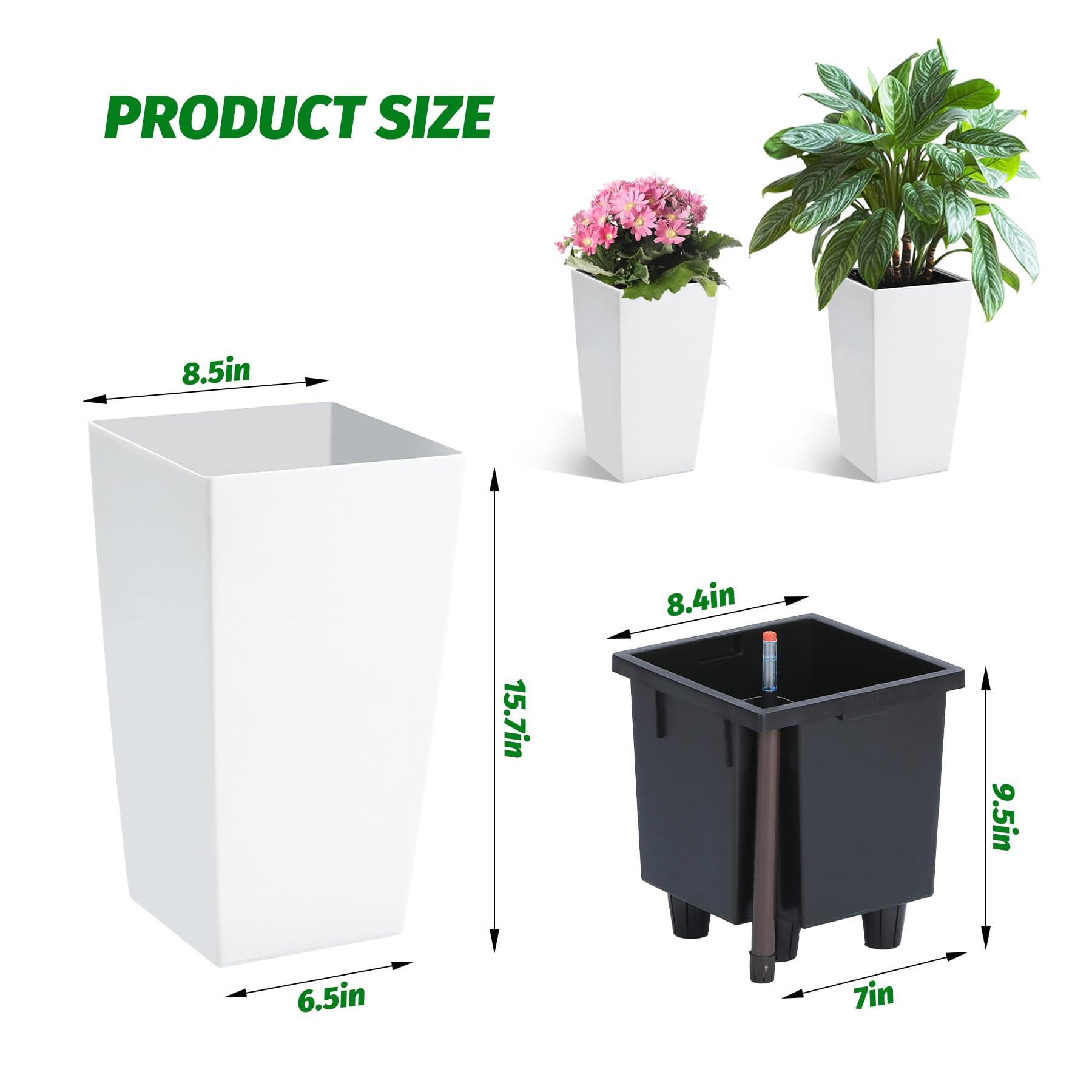 EastVita Merxent 22.5 Inch Tall Planter Set of 2, Indoor ＆ Outdoor Black Taper Planter with Shelf Insert, Self-Absorbing Plastic Flower Pots, Large Resin Plant Pots