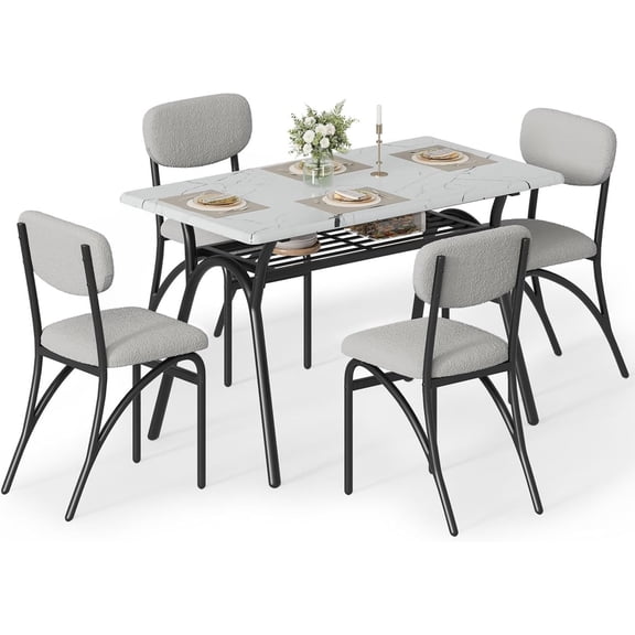 EastVita Modern 5 Piece Dining Table Set with Storage 43.3 inch Kitchen Table and 4 Upholstered Chairs Small Space Dining Furniture Set for Breakfast Nook Apartment Compact Homes