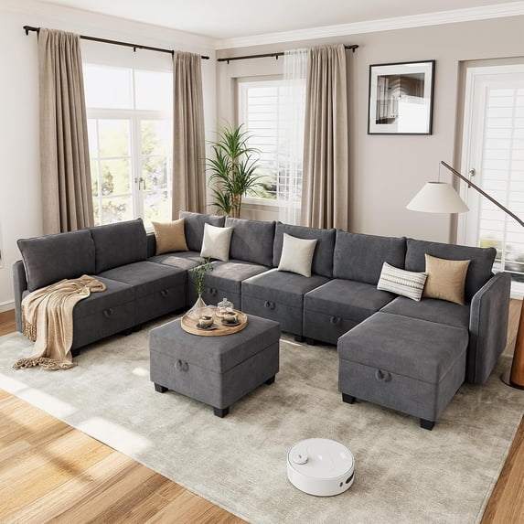 EastVita Modular Sectional Sleeper Sofa-9 Seat U-Shaped-With Storage-2 Ottomans