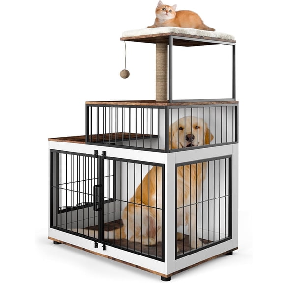 EastVita Multi-Functional Dog Crate Furniture with Cat Scratching Post Resting Platform Rotating Food Bowl, 2 in 1 Wood & Metal Pet Kennel Cage for Homes with Both Cats and Dogs