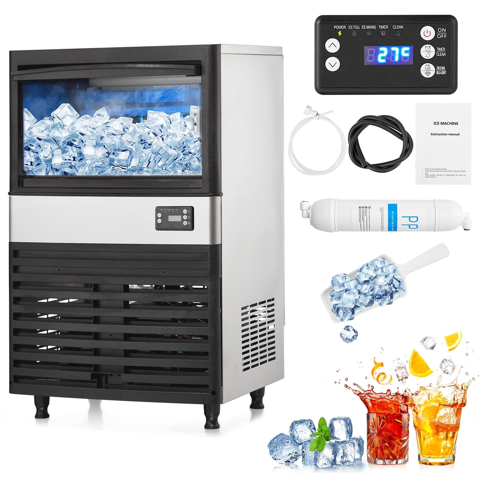 EastVita Multi-style Commercial Ice Maker Machine, with Storage Bin, Clear Ice Cubes, Counter Freestanding Ice Machine for Home/Party/Bar/Restaurant
