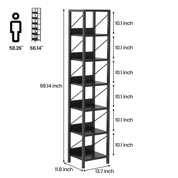 EastVita Narrow Bookshelf Tall Skinny Bookcase 6 Tier Storage Rack Rustic Corner Shelf Metal Frame Small Freestanding Bookshelves Industrial Display Stand