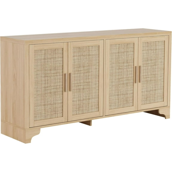 EastVita Natural Rattan Sideboard Buffet Cabinet with 4 Doors, Large Farmhouse Rattan Cabinet with Wood Accents, Coffee Bar Buffet Console Table