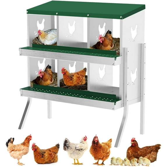 EastVita Nesting Boxes for Chickens, 6 Compartment Chicken Nesting Box, Metal Chicken Laying Boxes with Perch, Secure Lid, Versatile Wall Mount or Free Standing for Hens