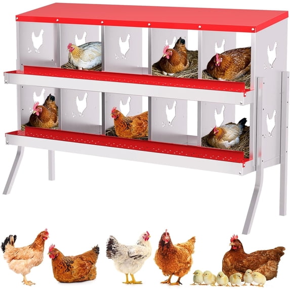 EastVita Nesting Boxes for Chickens, 10 Compartment Chicken Nesting Box, Metal Chicken Laying Boxes with Perch, Secure Lid, Versatile Wall Mount