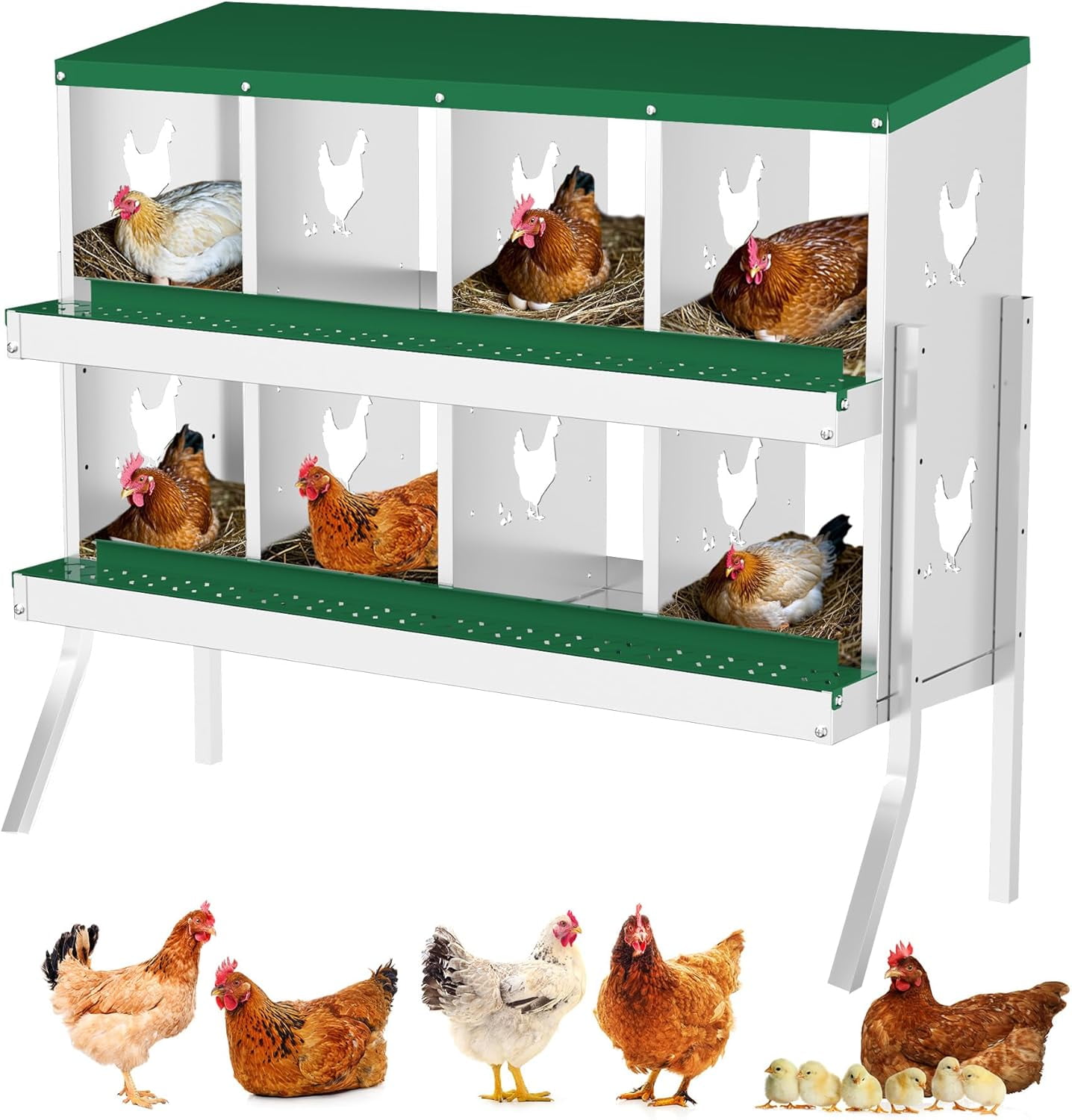 EastVita Nesting Boxes for Chickens, 8 Compartment Chicken Nesting Box, Metal Chicken Laying Boxes with Perch, Secure Lid