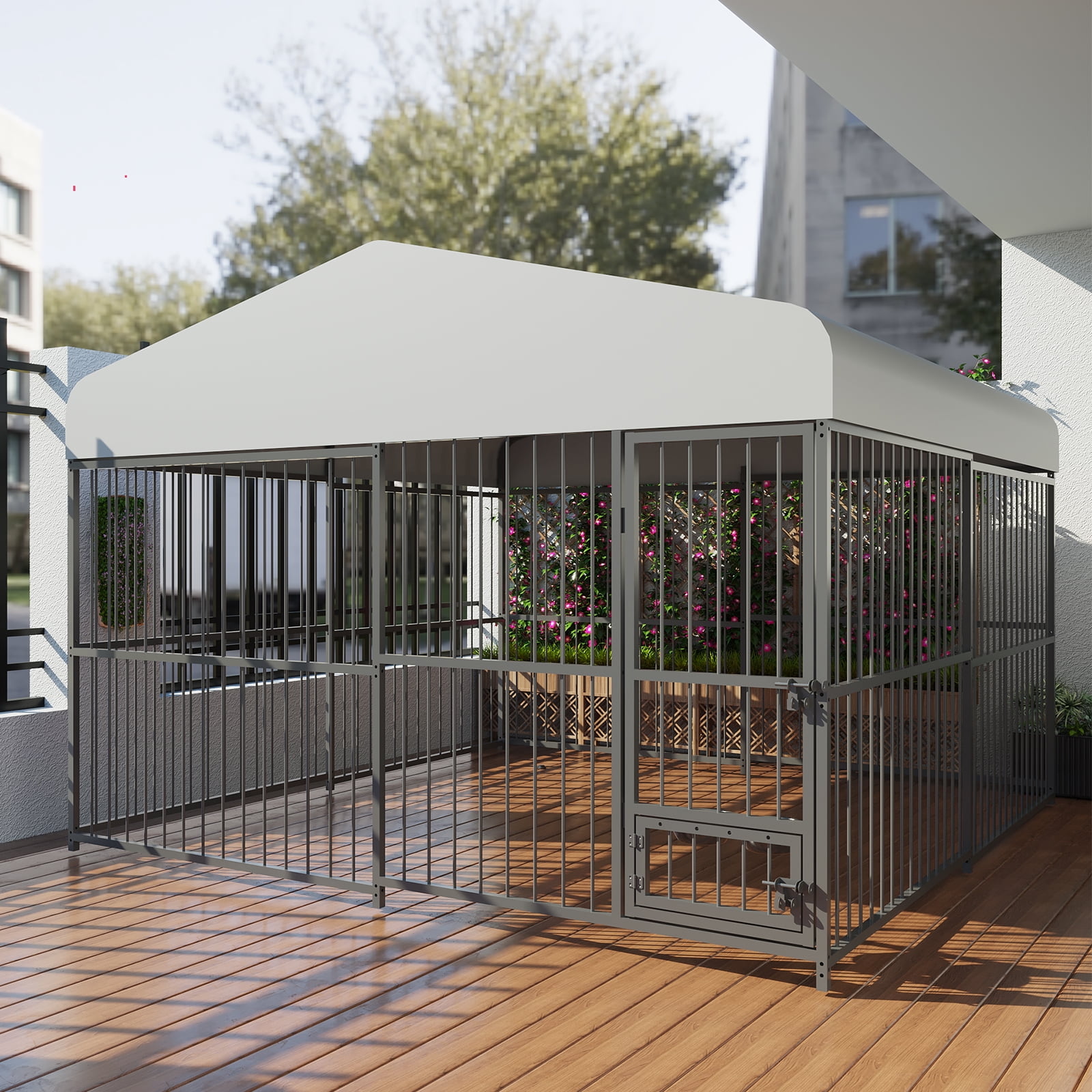 EastVita Outdoor Dog Kennel, 10x10x6 Ft Metal Dog Kennel with Roof, Safety Lock & Rotating Feeder, Suitable for Dogs, Cats, Chickens, Rabbits