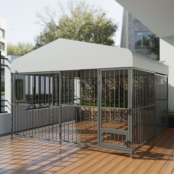 EastVita Outdoor Dog Kennel, 10x10x6 Ft Metal Dog Kennel with Roof, Safety Lock & Rotating Feeder, Suitable for Dogs, Cats, Chickens, Rabbits