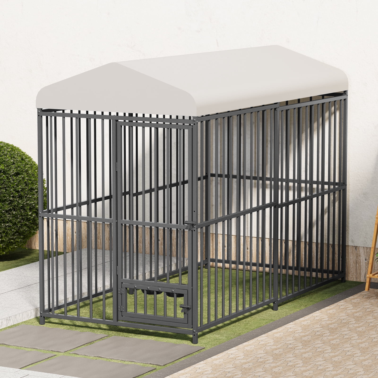 EastVita Outdoor Dog Kennel, 4x4x6Ft Metal Dog Kennel with Roof, Safety Lock & Rotating Feeder, Suitable for Dogs, Cats, Chickens, Rabbits