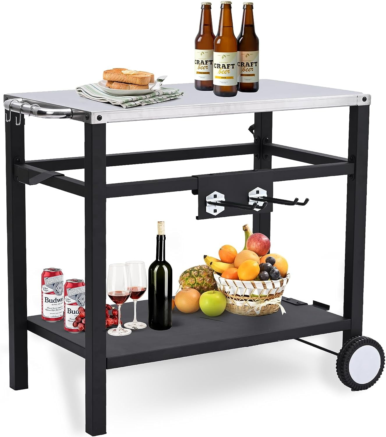 Silver and Black Steel Outdoor Grill Cart with Wheels and Hooks