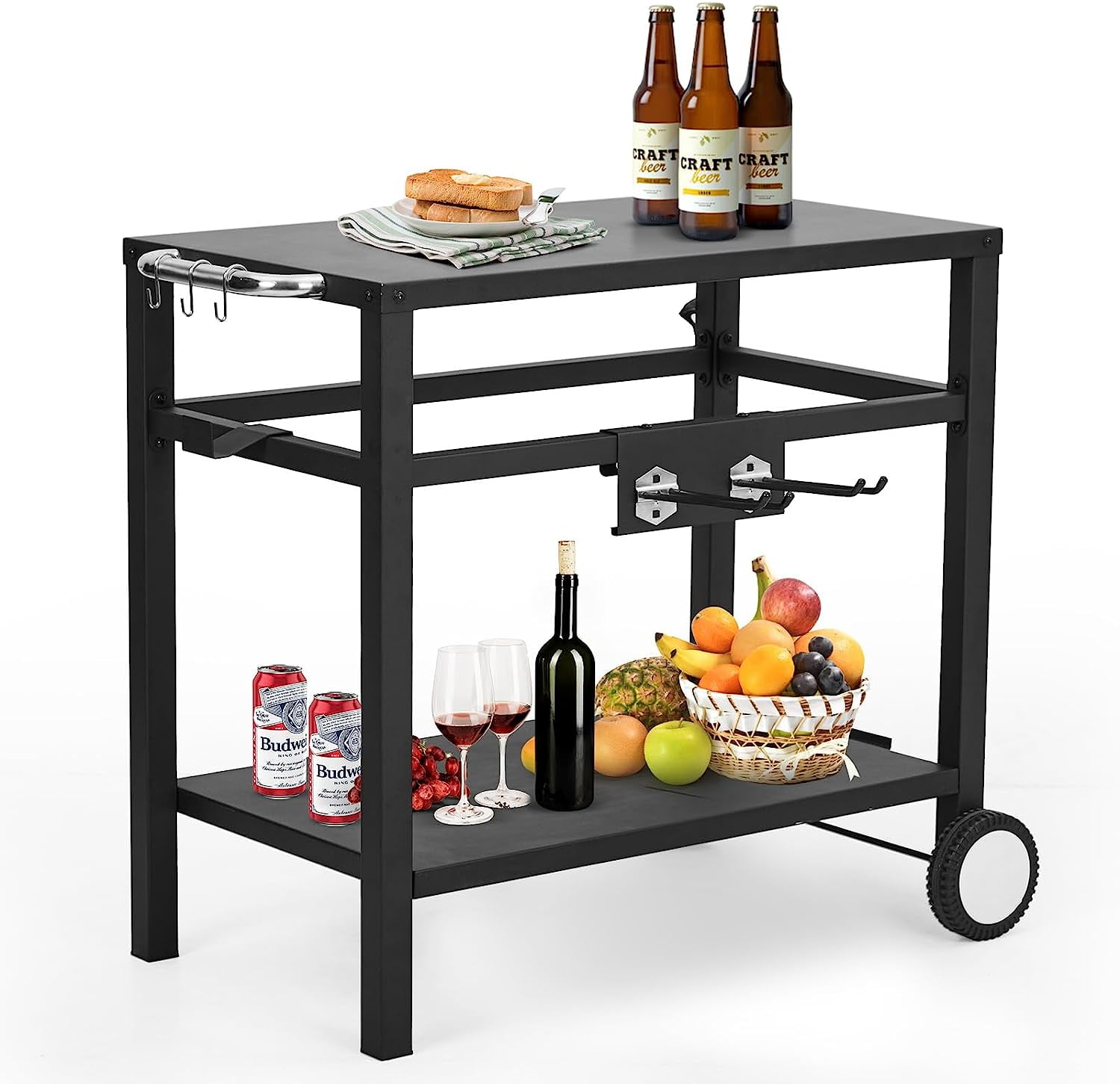 Silver and Black Steel Outdoor Grill Cart with Wheels and Hooks