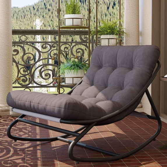 EastVita Outdoor Papasan Rocking Chair Oversized Egg Chair with Thick Waterproof Cushion Heavy Duty Metal Rocker Chair Modern Gray Comfy Lounge Chair for Indoor Living Room/Patio/Garden
