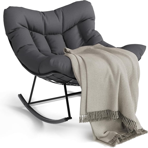 EastVita Outdoor Rattan Egg-Shaped Rocking Chair Black