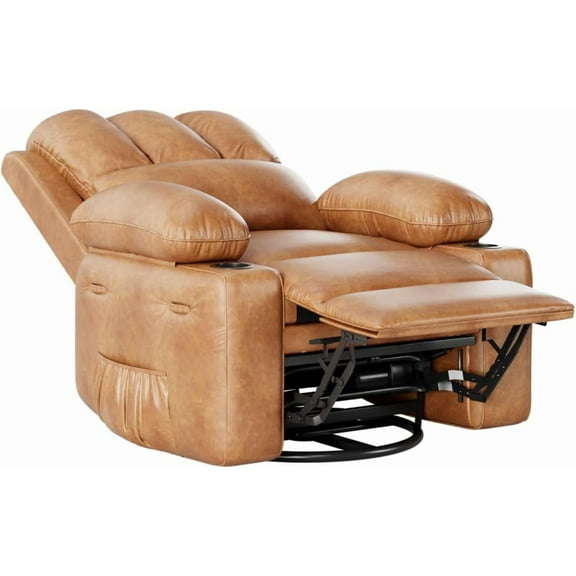 EastVita Oversized Power Recliner Chair, 360° Swivel with Heat and Massage, Faux Leather Rocking Chair with 1.5X Sponge Filling & Cup Holder for Living Room, Bedroom