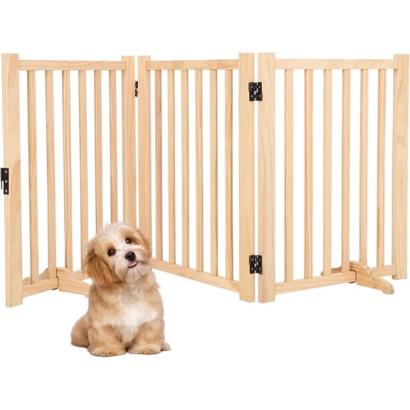 EastVita Paint-Free Wooden Freestanding Dog Gates Wooden Indoor Dog Fence Collapsible Wood Pet Gates for The House Doorways Stairs Step Over Fence -4 Panel H 36in