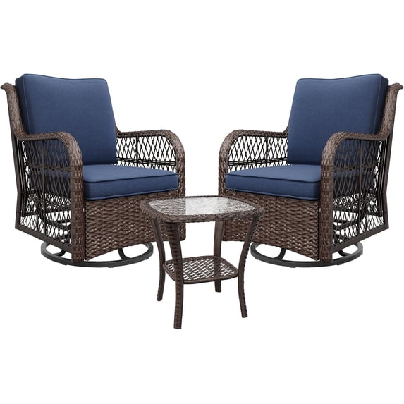 EastVita PioneerWorks Outdoor Swivel Wicker Glider Patio Chairs with Table Set 3 Pieces Outdoor Bistro Set with 4”Thick Cushions and Coffee Table for Porch Balcony Deck (Blue)