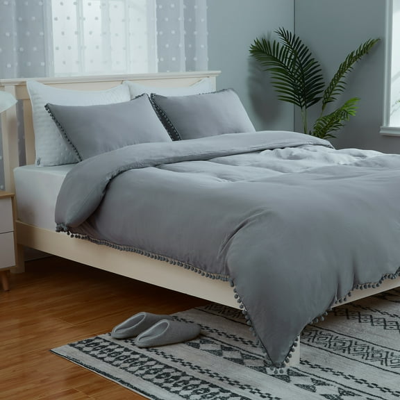 EastVita Pom Pom Duvet Cover Queen Size, 3 Pieces Soft Washed Microfiber Duvet Cover Set with Zipper Closure