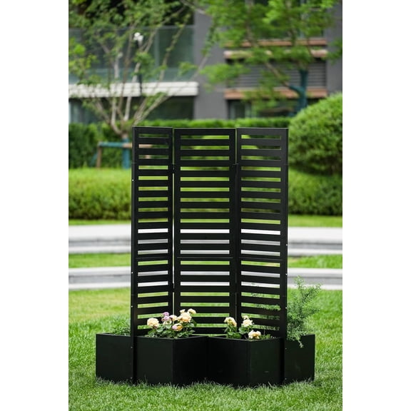 EastVita Privacy Screen with Planter Box Metal Garden Fence Panel 3Panel Freestanding Outdoor Room Divider with 4 Self Draining Raised Garden Beds for Patio Deck Yard