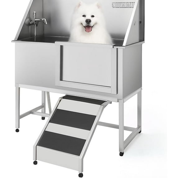 EastVita Professional 38" Stainless Steel Pet Dog Bathing Station With Stairs, Height Adjustable Grooming Tub