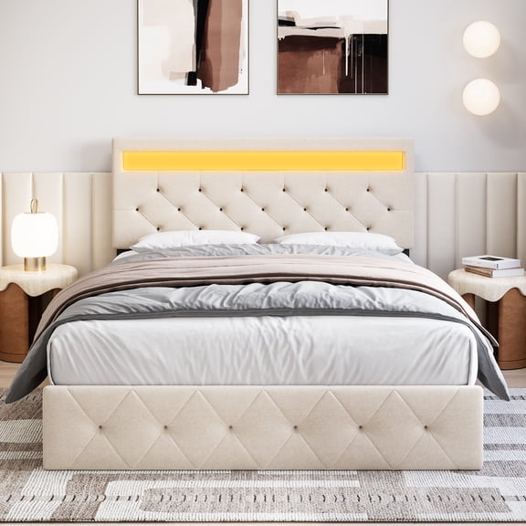 EastVita Queen Bed Frame with LED Lights Headboard, LED Bed Frame with Fast-Charging USB Port, Upholstered Platform Bed Frame, No Box Spring Needed