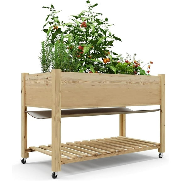 EastVita Raised Garden Bed with Legs & Wheels 48x24x30 Inch Outdoor Planter Box with Waterproof Liner & Storage Shelf for Patio Deck Balcony Backyard