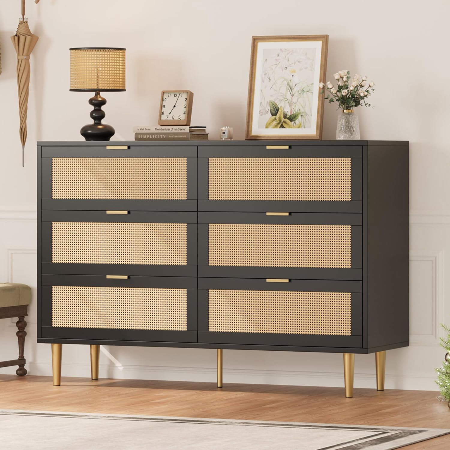 EastVita Rattan 6 Drawer Dresser for Bedroom Modern Chest of Drawers ...
