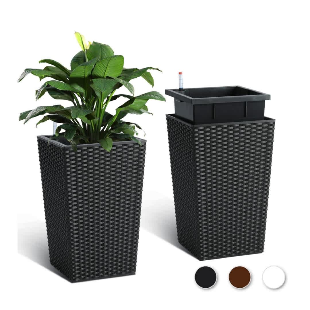 EastVita Rattan Planters Set of 2 Tall Self Watering with Wheels Easy ...
