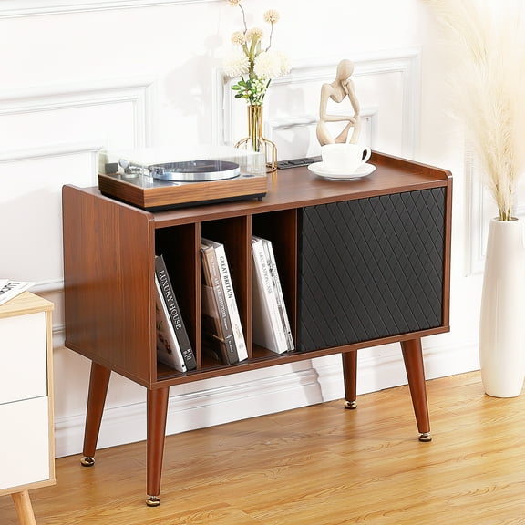 EastVita Record Player Stand with Charging Station & USB,Large Vinyl Storage Cabinet w/Sliding Door,Holds up to 300 Albums,Living Room,Bedroom,Black