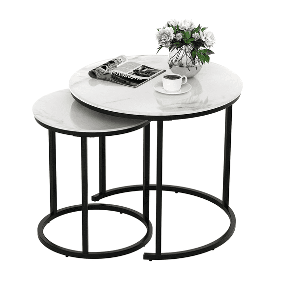 EastVita Round Coffee Table Set of 2, Modern Marble Texture Coffee Tables for Living Room, Nesting Table for Reception Room and Office Room