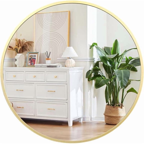 EastVita Round Mirror, 18 Inch Small Aluminum Alloy Frame Circle Mirror, High Definition Eco-Friendly Gold Round Bathroom Mirror for Over Sink, Wall Mirror for Entryway, Bathroom, Vanity