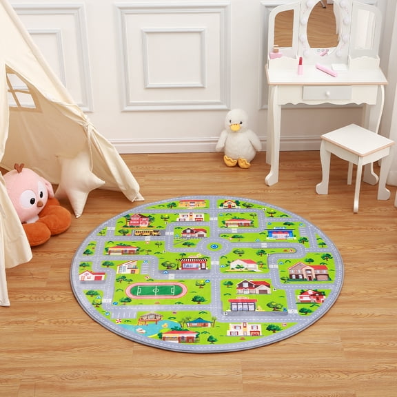 EastVita Round Road and Traffic Rug Non Slip Kids Playmat City Map Educational Rug for Living Room Bedroom Kids Boys Room, Gray 4*4ft