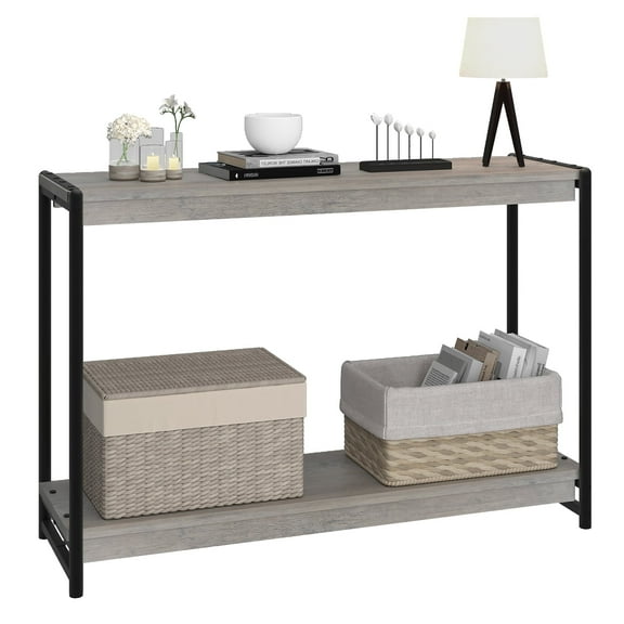 EastVita Rustic Farmhouse Table, 40" Entryway Table with Storage, Slatted Style 2-Tier Sofa Table with Shelf, Rustic Console Tables